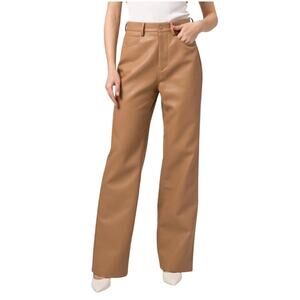 WAYF Faux Leather Straight Leg Pants in Beige Size L High Waist Vegan Minimalist